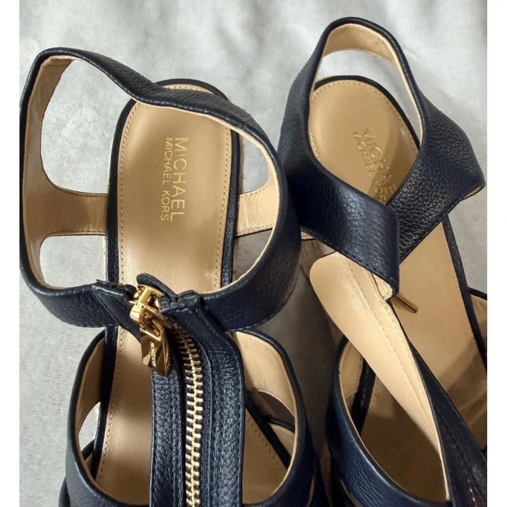 Michael Kors Sandals SZ 8 Platform Espadrilles Heels Blue Leather NEW Canvas - Picture 7 of 9